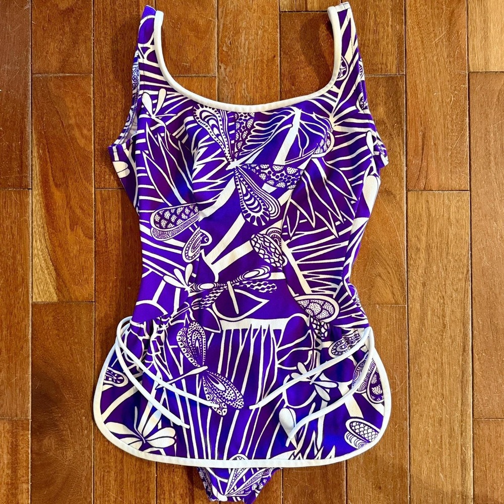 Vintage 1960s Robby Len Swimsuit Dress PURPLE Dragonfly Sz‎ L 11/12 Union Tag